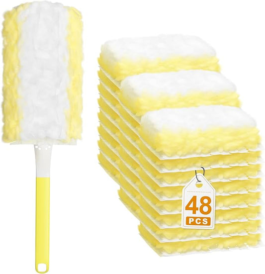 JOYMOOP Disposable Duster for Cleaning, with 1 Handles & 48 Ct Yellow Heavy Duty Refills for Swiffer Feather Duster, Household Cleaning Tool for Electronics, Dusting Furniture, Blinds
