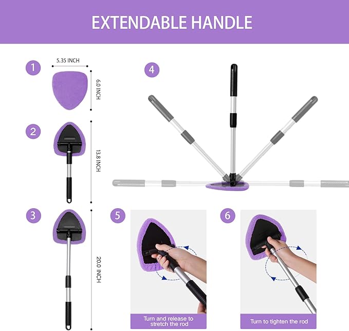 11pcs Windshield Cleaner Tool, Car Window Cleaning Wash Kit with 6 Reusable Microfiber Pads 2 Spray Bottles and Extendable Handles Auto Glass Wiper Kit, Purple