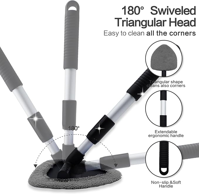 Windshield Cleaner Tool - Car Interior&Exterior Window Cleaning Kit with Extendable Handle & 4 Microfiber Pads and Thick Large Wash Sponge, Auto Glass Wiper Brush Kit for Cars Home (7pcs, Grey)