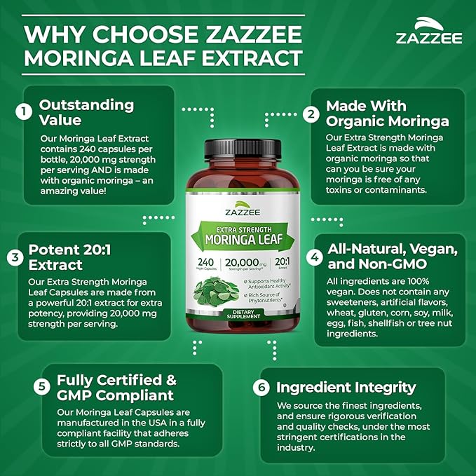 Zazzee Organic Moringa 20:1 Extract, 240 Vegan Capsules, 20,000 mg Strength, 100% Pure Oleifera Leaf Superfood, Concentrated and Standardized 20X Extract, All-Natural, Non-GMO, Made in The USA