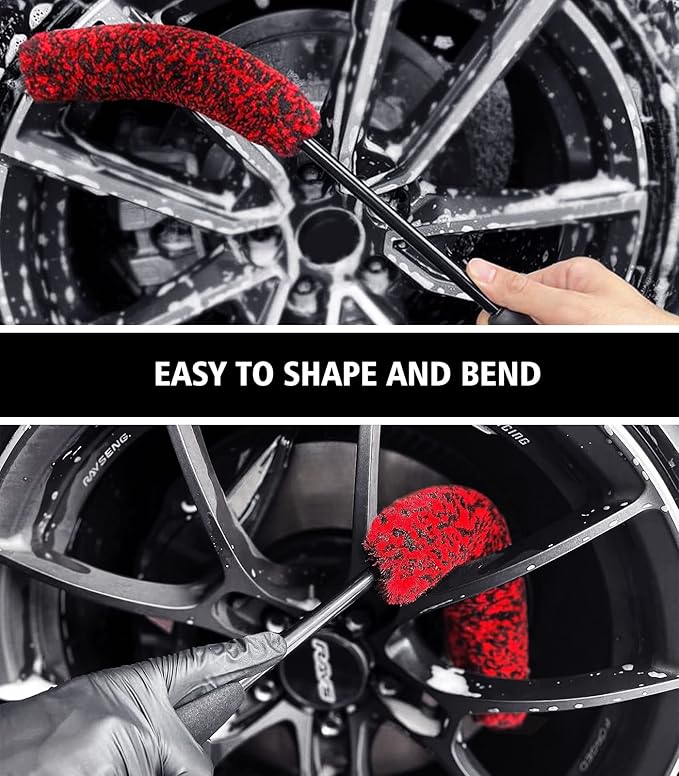 YeewayVeh 2PCS Car Wheel Brush, Long Handle Microfiber Rim Cleaner Brush and Bendable Wool Fiber Wheel Cleaning Brushes for Truck SUV Tire Rim Car Wheel Cleaning Kit, Red&Black