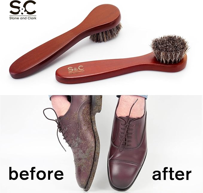 Premium Shoe Polish Brush Set - Horse Hair Brushes, Shoe Polish Applicator for Leather Footwear - Shoe Brushes for Cream & Polish - Made of White Horse Hair & Lotus Wood Handle