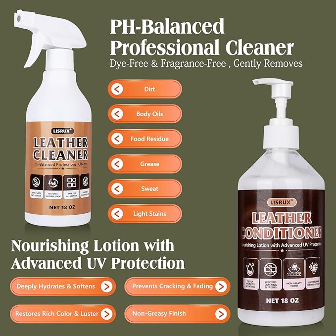 Leather Cleaner and Conditioner Kit-2×18oz Leather Care For Car Seats, Furniture, Couches, Shoes & Boots, Restores & Protects All Leather For Natural, Synthetic, Faux, Pleather, pH-Balanced