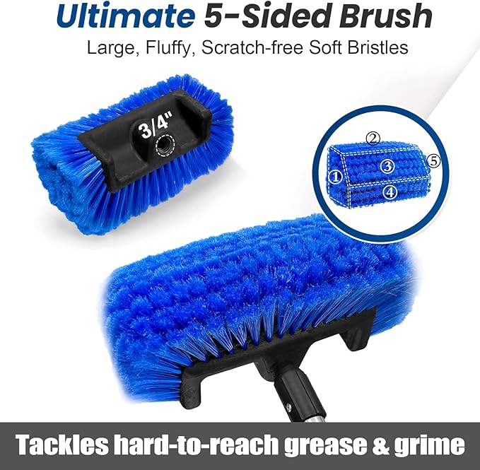 65'' Five-Sided Car Wash Brush with Long Handle, Scratch-Free Car Cleaning Kit with Soft Wash Brush, Tire Brush, Window Squeegee, Car Wash Mitt, Microfiber Cleaning Head & Extension Pole