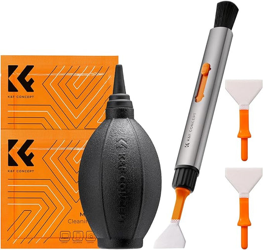 K&F CONCEPT Camera Cleaning Kit, 6 in 1 with Vacuum Cloth*2, Replaceable Cleaning Pen, Full Frame Cleaning Wand*2, Silicone Black Air Blow Compatible with Canon Nikon Cameras Cleaning Tool Accessories