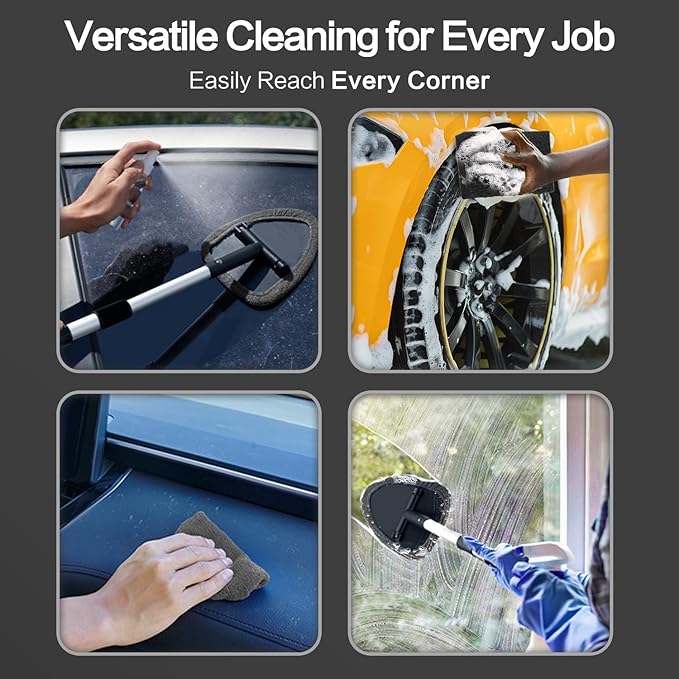Windshield Cleaner Tool - Car Interior&Exterior Window Cleaning Kit with Extendable Handle & 4 Microfiber Pads and Thick Large Wash Sponge, Auto Glass Wiper Brush Kit for Cars Home (7pcs, Grey)