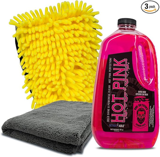 Mr. Detroit - 3pc Car Wash Kit with 64oz Car Soap, Microfiber Drying Towel and Chenille Car Wash Glove, Soap Shampoo Cleaner Streak-Free Exterior Scratch-Free Cleaning for Auto Detailing & Home Use