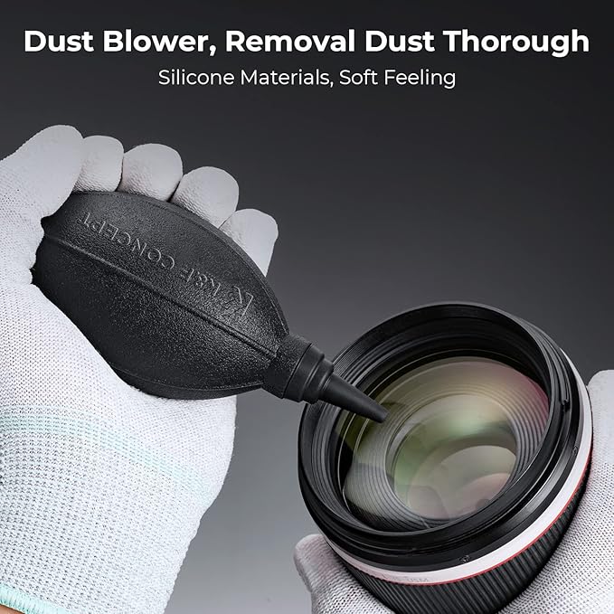 K&F CONCEPT Camera Cleaning Kit, 6 in 1 with Vacuum Cloth*2, Replaceable Cleaning Pen, Full Frame Cleaning Wand*2, Silicone Black Air Blow Compatible with Canon Nikon Cameras Cleaning Tool Accessories