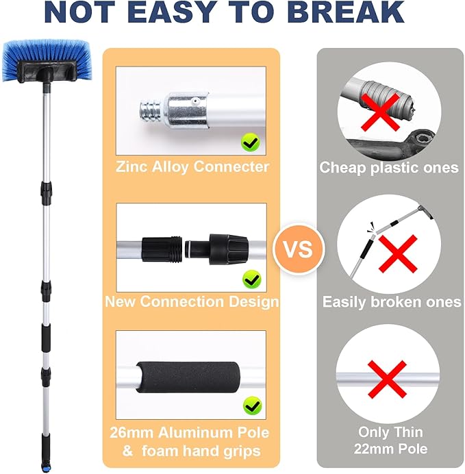 70" Car Wash Brush with Long Handle and 12" Soft Bristle Brush Head, Water Flow-Thru Car Cleaning Brush with Hose Attachment for Cleaning Car, RV, Truck, Boat, Camper, House Siding and More