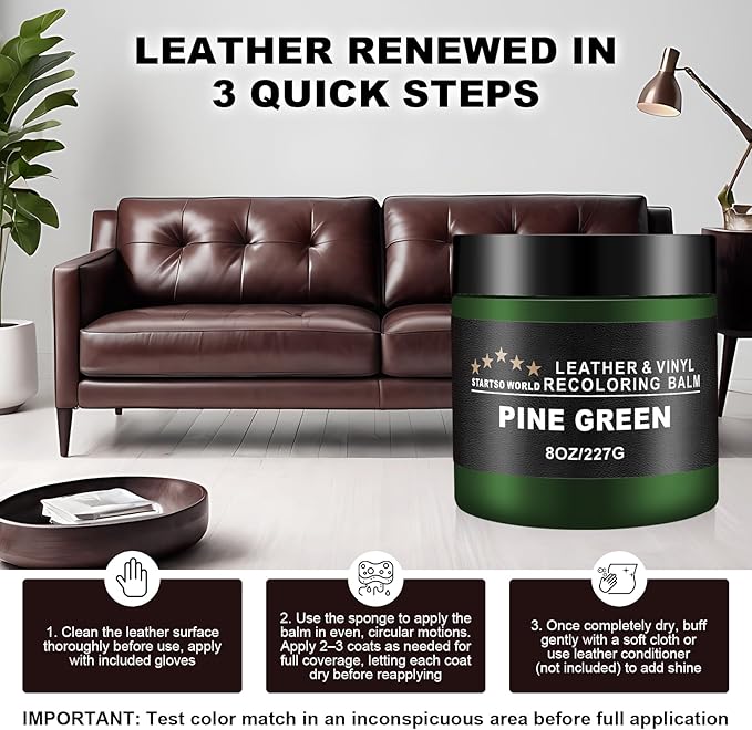 STARTSO WORLD Leather Recoloring Balm, Pine Green Leather Repair Kit for Furniture, Leather Dye, Leather Color Restorer for Couches, Leather Couch Paint | Repair, Restore & Renew Old, Faded Leather