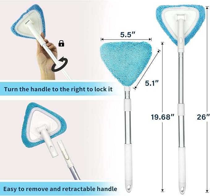 BITOPE Windshield Cleaning Tool, 26" Adjustable Handle, 3pcs Microfiber Pads, Ideal for Cleaning Inside Exterior SUVs, Trucks, RVs, Glass Mirror & More