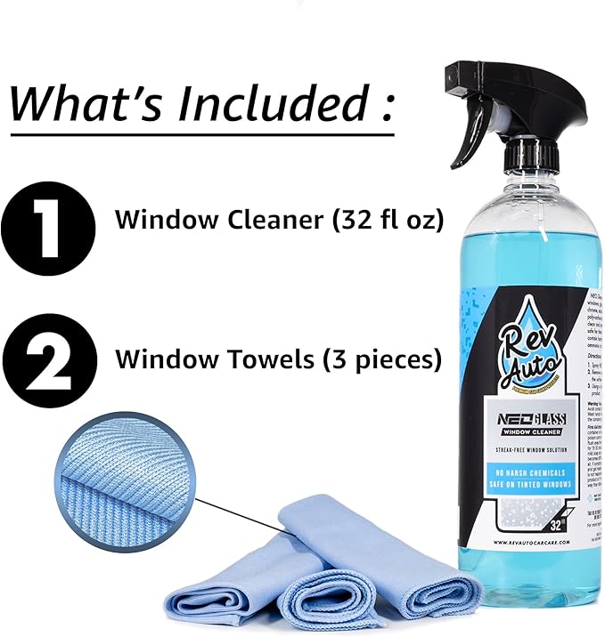 Rev Auto Car Window Cleaning Kit - Includes 32oz Car Window Cleaner and 3 Window Drying Towels | Ammonia Free Glass Cleaner That is Tint Safe | Auto Glass Cleaner/Auto Window Cleaner Spray
