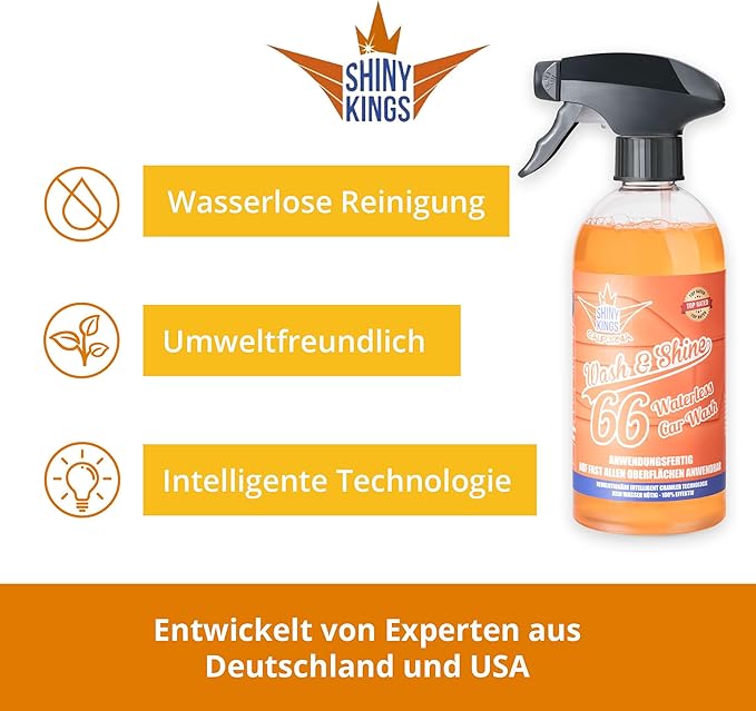 Shinykings Wash&Shine 66 WATERLESS Car Wash | Ultra Car Shine Effect | Powerful Car Soap for All Surfaces | Scratch-Free Car Cleaner | 16.9 fl.oz.