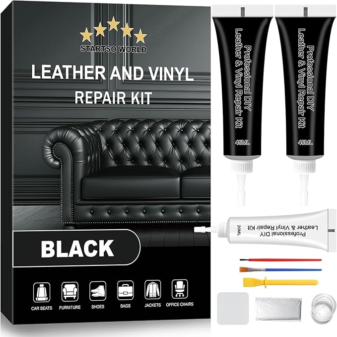 STARTSO WORLD Black Leather Repair Kit, Vinyl Repair kit for Car Interiors, Furniture, Couches, Car Seat, Sofa, Jacket and Purse, Restores Faux, Artificial, Genuine Pleather