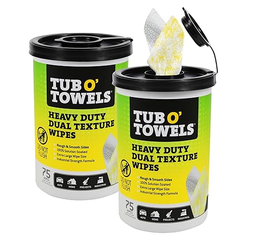 Tub O’ Towels TW75 Heavy-Duty 10" x 12" Size Multi-Surface Cleaning Wipes, Dual Texture, 75 Count Per Canister, 2 Pack
