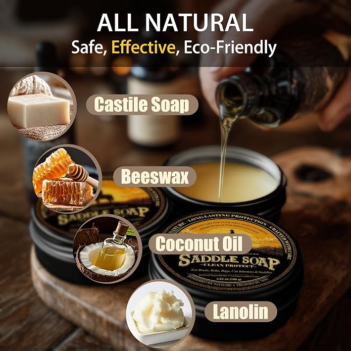 Saddle Soap 4PC Leather Care Kit – All-Natural 3.52oz Leather Cleaner & Conditioner with Horsehair Brush – Saddle Soap for Boots, Shoes, Bags, Saddles, Car & Jackets
