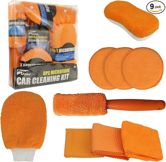9Pcs Car Wash Detailing Kit Cleaning Kits,with Wash Mitt Wax Applicator Pad Tire Brush Sponge Microfiber Cleaning Cloths Glass Cleaning Cloth Car Cleaning Tools Kit for Interior, Exterior, Wheels
