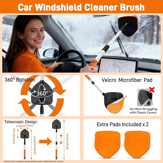 XINDELL Extendable Windshield Cleaner Tool Kit for Car, Interior & Exterior Window Cleaning with Pivot Head, Car Cleaning Microfiber Towels Kit with 3 Reusable Pads, Spray Bottle & 3 Towels (Orange)