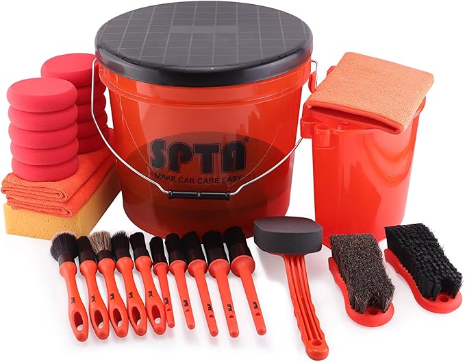 SPTA 29Pcs Car Wash Bucket Set, 15L Scratch Free Detailing Bucket with Car Wash Filter, Wash Mitt Sponge Towels Tire Detailing Brush Set, Exterior Interior Car Detailing Set, Complete Car Care Tools