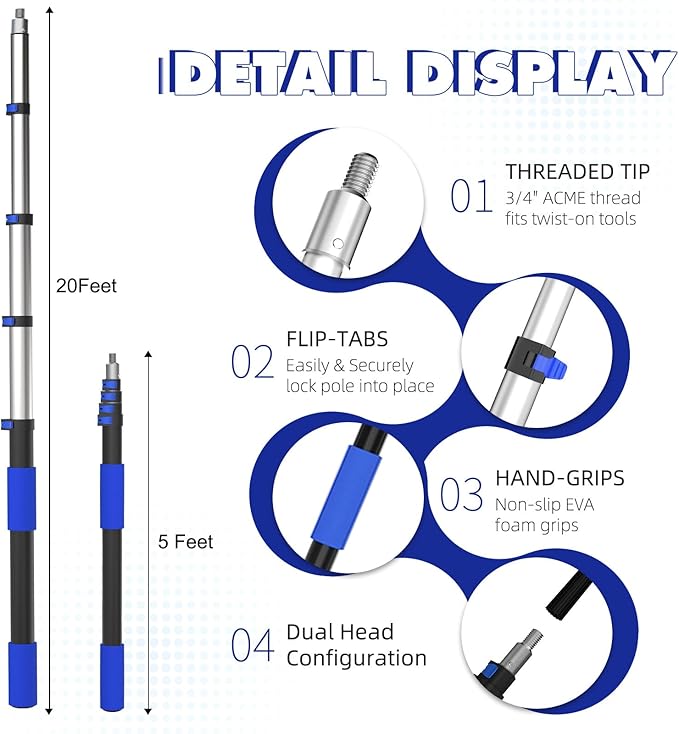 26Ft Reach Car Wash Kit with 5-20FT Telescopic Extension Pole, Car Wash Brush with Long Handle, Wheel Tire Brush, Car Wash Mop, Mitt, Squeegee for Cleaning Car, SUV, RV, Boats, Solar Panels
