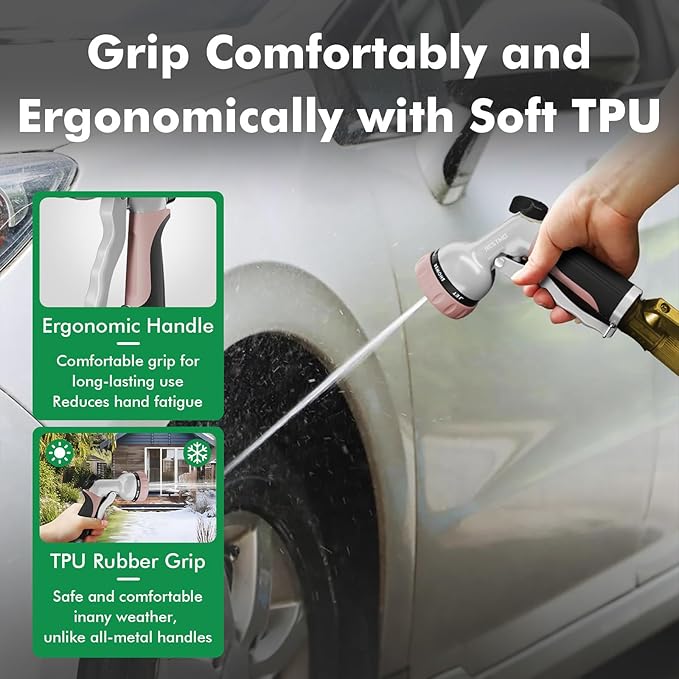 RESTMO Garden Hose Nozzle, Heavy Duty Metal Water Nozzle with 7 Adjustable Spray Patterns, High Pressure Hand Sprayer with Flow Control, for Watering Plants & Lawns, Washing Cars & Pets, Rose Gold