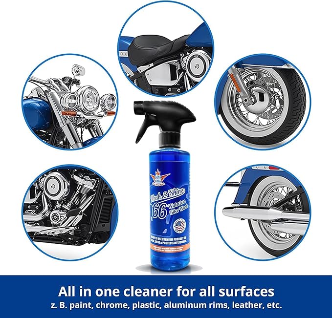 Motorcycle Cleaner Wash&Shine 66 | WATERLESS BIke Wash with Ultra Shine Finish | Powerful Motorcycle Detailing Spray for All Surfaces | Bike Cleaner by Shinykings California | 16.9 fl.oz