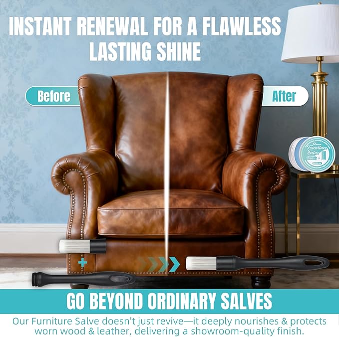 Furniture Salve for Leather - 4oz Professional Furniture Restorer, Polisher & Moisturizer for Couches, Chairs, Tables - Conditioner for Leather, Vinyl & Wood Surfaces - with Brush & Towel