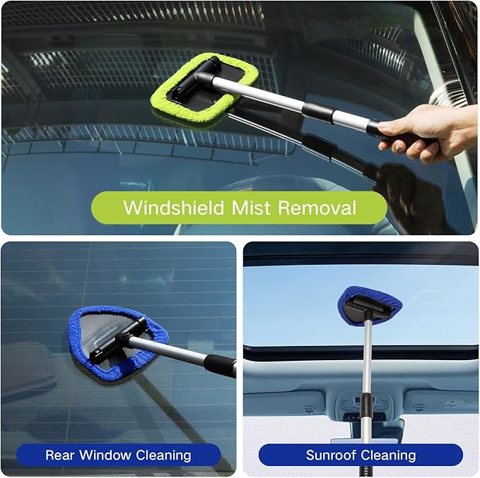 11pcs Windshield Cleaner Tool, Car Window Cleaning Wash Kit with 6 Reusable Microfiber Pads 2 Spray Bottles and Extendable Handles Auto Glass Wiper Kit, Blue & Green