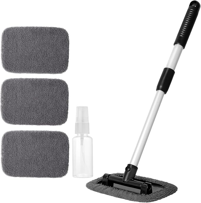 11pcs Windshield Cleaner Tool, Car Window Cleaning Wash Kit with 6 Reusable Microfiber Pads 2 Spray Bottles and Extendable Handles Auto Glass Wiper Kit, Gray