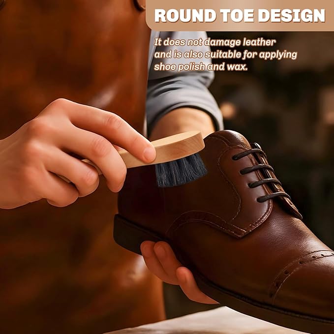 4 Pcs Horsehair Shine Shoes Brush Kit Polish Dauber Applicators Cleaning Leather Shoes Boots Care Brushes Suede Cleaner Brush with Microfiber Shoe Cloth(Wooden Handle B)