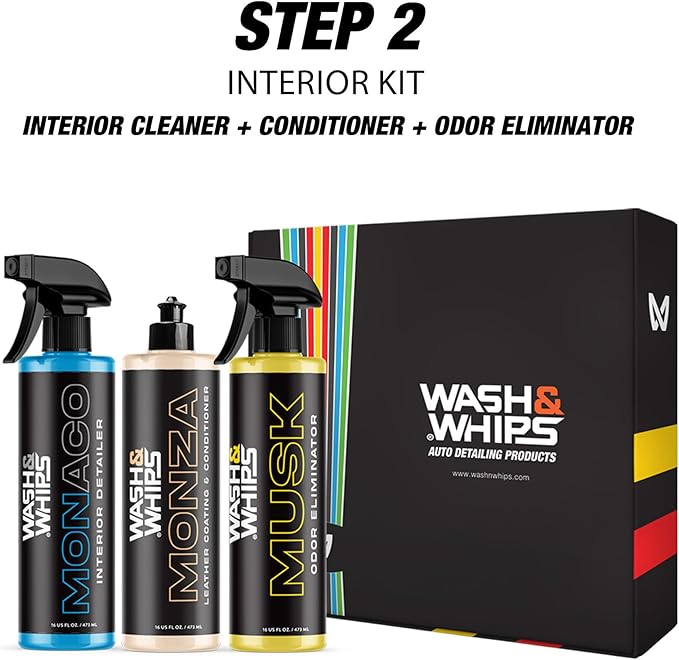 WASH&WHIPS CLEAN - Interior Car Wash Kit (Step 2) – Monaco Interior Cleaner, Musk Odor Eliminator, Monza Leather Conditioner – All-Purpose, Safe for All Surfaces, Effective for a Luxurious Finish