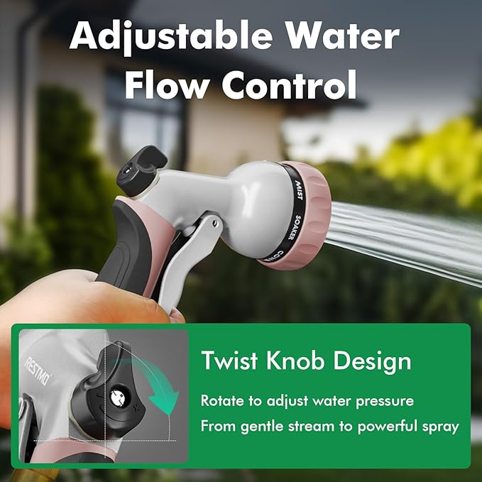 RESTMO Garden Hose Nozzle, Heavy Duty Metal Water Nozzle with 7 Adjustable Spray Patterns, High Pressure Hand Sprayer with Flow Control, for Watering Plants & Lawns, Washing Cars & Pets, Rose Gold