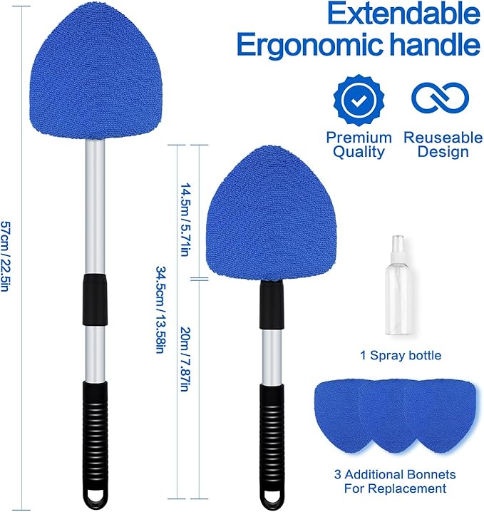 Windshield Cleaner Tool - Car Interior&Exterior Window Cleaning Kit with Extendable Handle & 4 Microfiber Pads and Thick Large Wash Sponge, Auto Glass Wiper Brush Kit for Cars Home (7pcs, Blue)