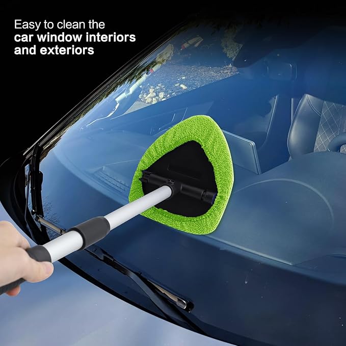 Windshield Cleaner Tool - Car Interior&Exterior Window Cleaning Kit with Extendable Handle & 4 Microfiber Pads and Thick Large Wash Sponge, Auto Glass Wiper Brush Kit for Cars Home (7pcs, Green)