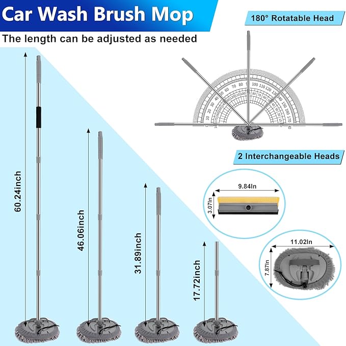 THINKWORK Car Wash Kit, Car Washing Brush with Long Handle, Extendable Car Wash Brush Mop with 2-in-1 Windshield Squeegee and 9Pcs Detailing Brushes, Gray Car Detailing Kit Gift for Men