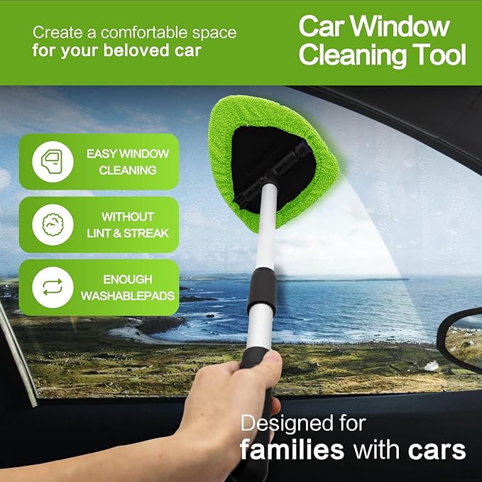 Windshield Cleaner Tool - Car Interior&Exterior Window Cleaning Kit with Extendable Handle & 4 Microfiber Pads and Thick Large Wash Sponge, Auto Glass Wiper Brush Kit for Cars Home (7pcs, Green)