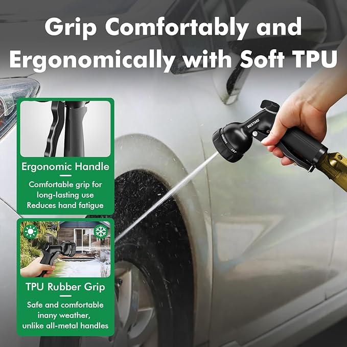 RESTMO Garden Hose Nozzle, Heavy Duty Metal Water Nozzle with 7 Adjustable Spray Patterns, High Pressure Hand Sprayer with Flow Control, for Watering Plants & Lawns, Washing Cars & Pets, Flash Black