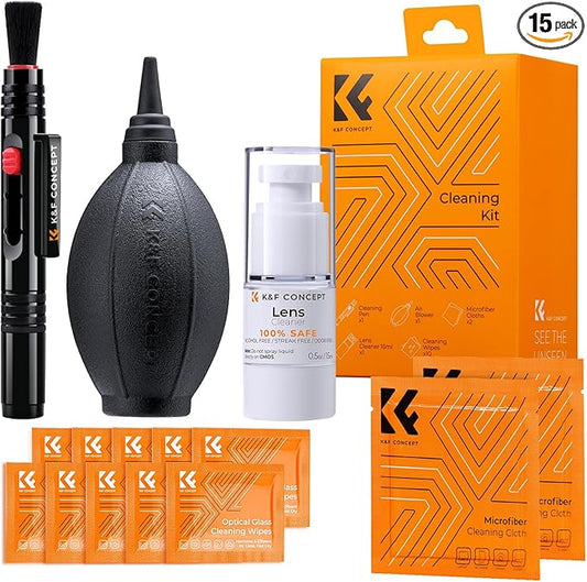 K&F CONCEPT 15-in-1 Camera Lens Cleaning Kit with Camera Blower, Glasses Wipes*10, Cleaning Liquid, Microfiber Cleaning Cloth*2, Lens Cleaning Pen for DSLR Camera Lens Filter Cell Phones