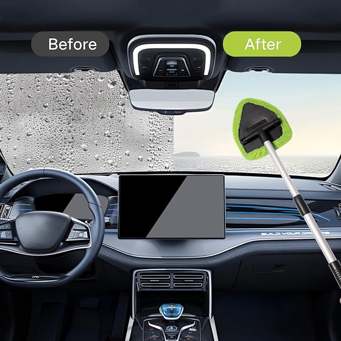 11pcs Windshield Cleaner Tool, Car Window Cleaning Wash Kit with 6 Reusable Microfiber Pads 2 Spray Bottles and Extendable Handles Auto Glass Wiper Kit, Green