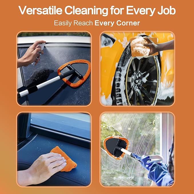 Windshield Cleaner Tool - Car Interior&Exterior Window Cleaning Kit with Extendable Handle & 4 Microfiber Pads and Thick Large Wash Sponge, Auto Glass Wiper Brush Kit for Cars Home (7pcs, Orange)