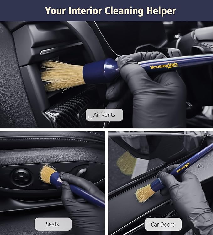 YeewayVeh Car Detailing Brush Set, 3 Pack Ultra Soft Boars Hair Detailing Brushes for Leather Seat Air Vents Engine Bay, Auto Detail Brushes Car Detailing for Interior Exterior, Indigo
