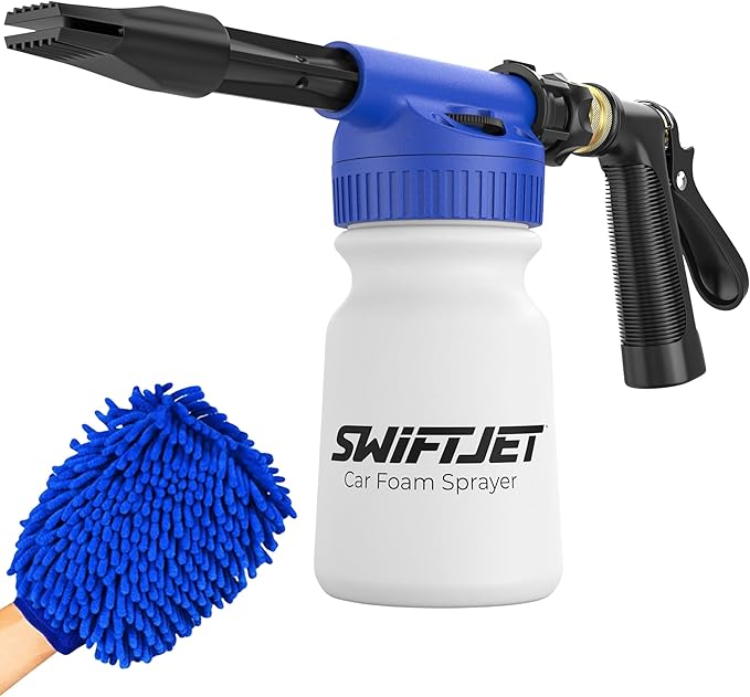 SwiftJet Car Wash Foam Gun + Microfiber Wash Mitt - Foam Cannon Works with Any Soap - Garden Hose Car Foam Sprayer - Car Wash Kit - Car Accessories Foam Blaster (Blue Foam Gun with Mitt)