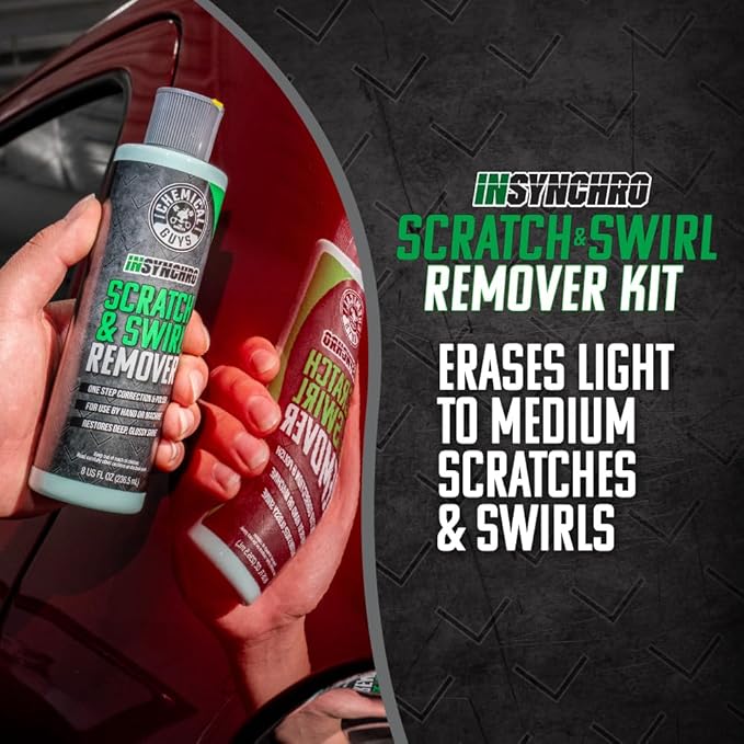 Chemical Guys Insynchro Scratch & Swirl Remover (8 oz) - Kit with Hex Logic Dual Sided Hand Polishing Pad and Monster Extreme Microfiber Towel for Paint Restoration and Gloss Enhancement