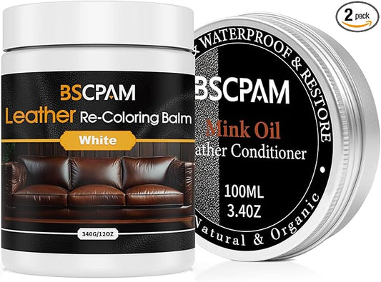 12oz Leather Recoloring Balm & 3.4oz Mink Oil Leather Conditioner kit,White Leather Color Repair Kits for Couches, Leather Couch Paint Scratch Repair for Furniture Car Sofa Shoes Leather Dye