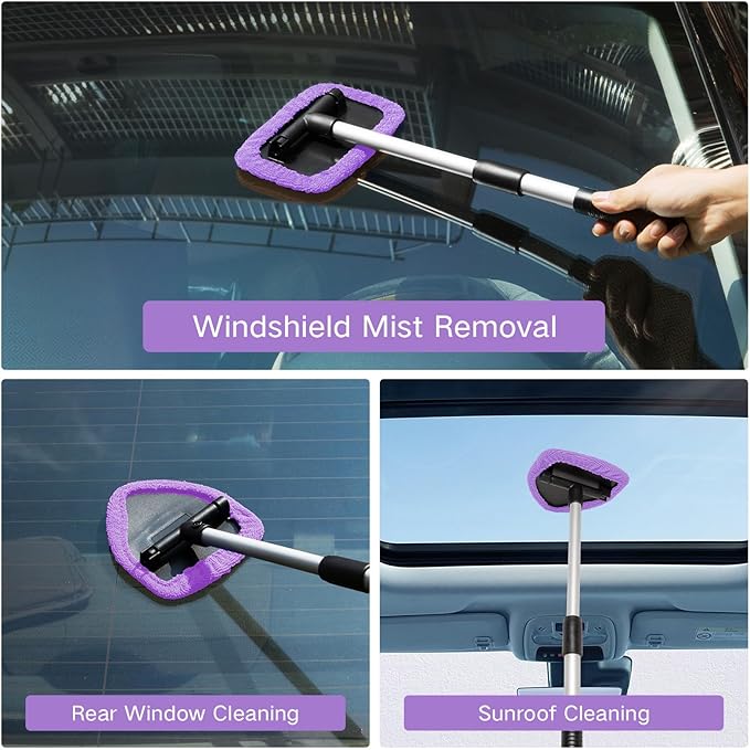11pcs Windshield Cleaner Tool, Car Window Cleaning Wash Kit with 6 Reusable Microfiber Pads 2 Spray Bottles and Extendable Handles Auto Glass Wiper Kit, Purple