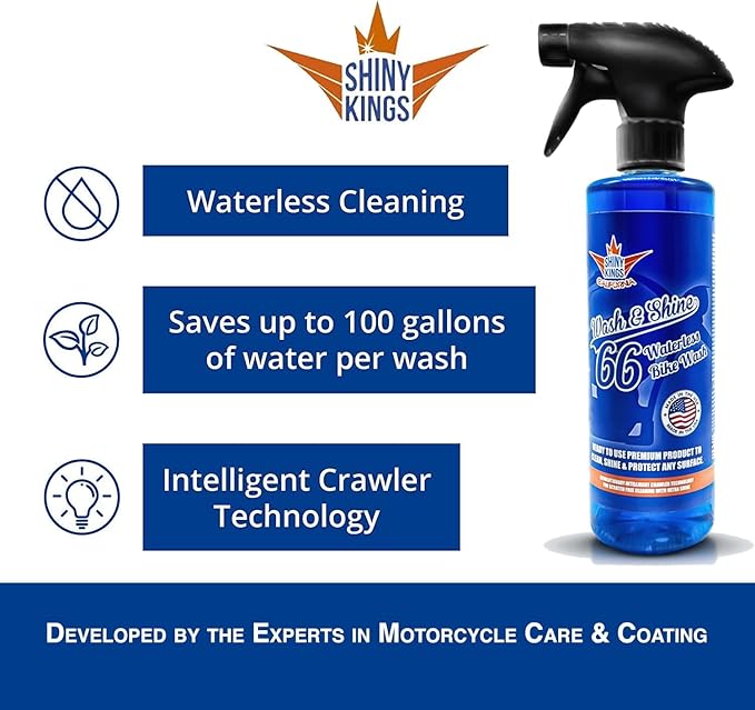 Motorcycle Cleaner Wash&Shine 66 | WATERLESS BIke Wash with Ultra Shine Finish | Powerful Motorcycle Detailing Spray for All Surfaces | Bike Cleaner by Shinykings California | 16.9 fl.oz