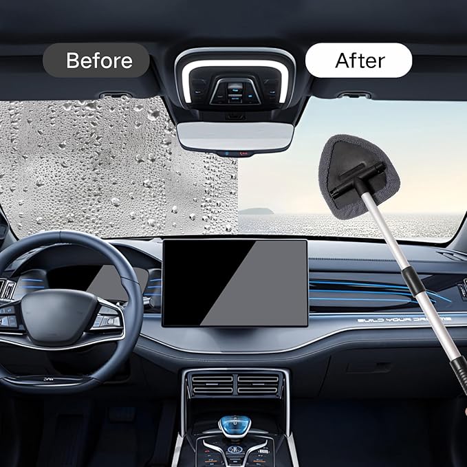 11pcs Windshield Cleaner Tool, Car Window Cleaning Wash Kit with 6 Reusable Microfiber Pads 2 Spray Bottles and Extendable Handles Auto Glass Wiper Kit, Gray