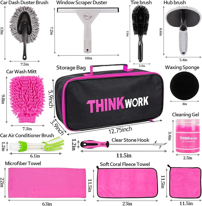 THINKWORK Pink Car Detailing Cleaning Kit, Car Wash Kit, Car Accessories for Women Suitable for Small and Medium Vehicles Such As Cars, Trucks, Suvs(17pcs)