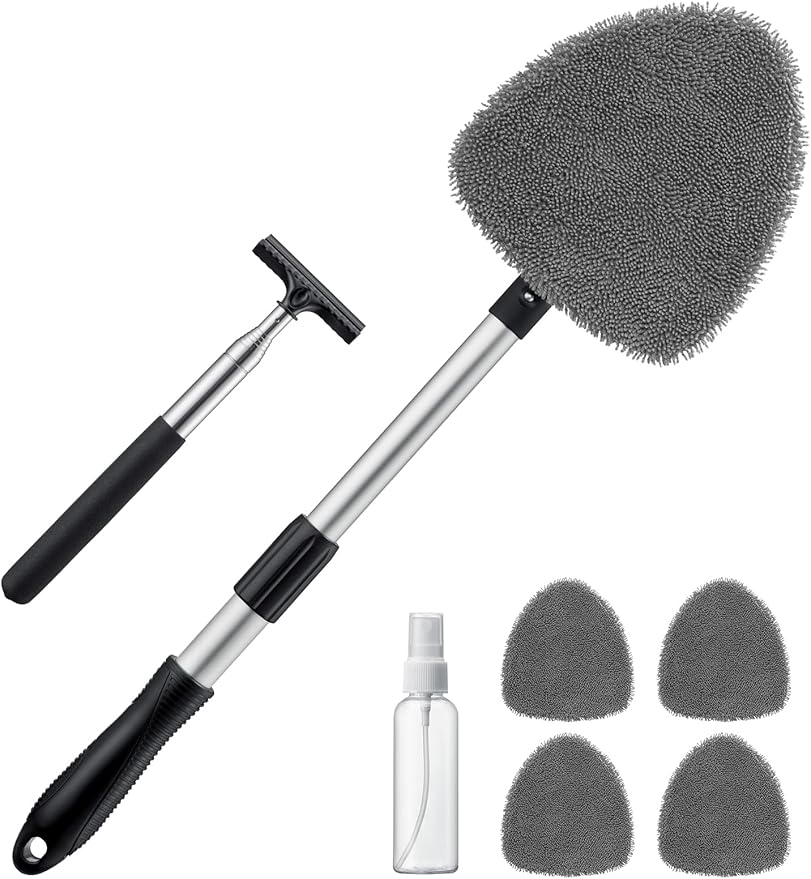 AstroAI Car Windshield Cleaner Tool, Window Cleaning Kit with 39in Car Mirror Squeegee, 4 Reusable Microfiber Pads and Extendable Handle, Gray