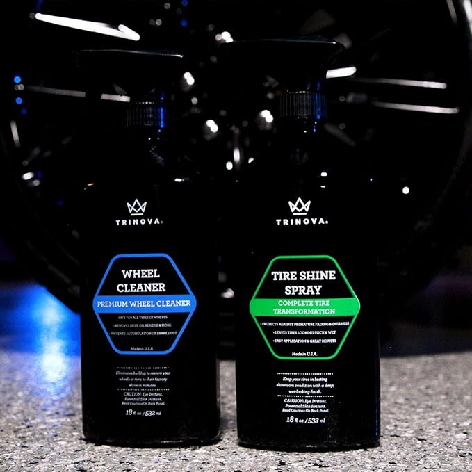 Trinova 33511 Tire Shine Spray No Wipe - Automotive Clear Coat Dressing for Wet & Slick Finish - Keeps Tires Black - with Rubber Protector - Prevents Fading & Yellowing - 18 OZ